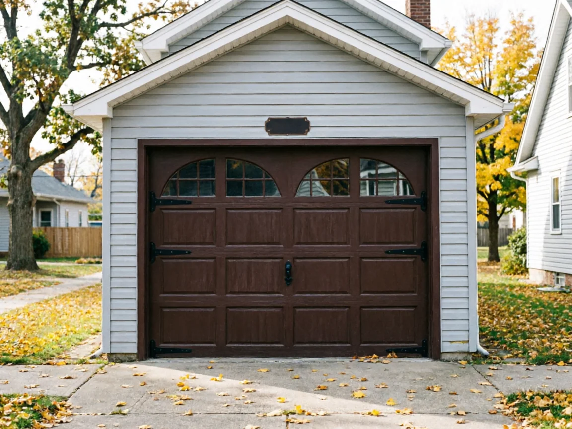 The brown garage door has decorative windows and hardware on a light gray house.